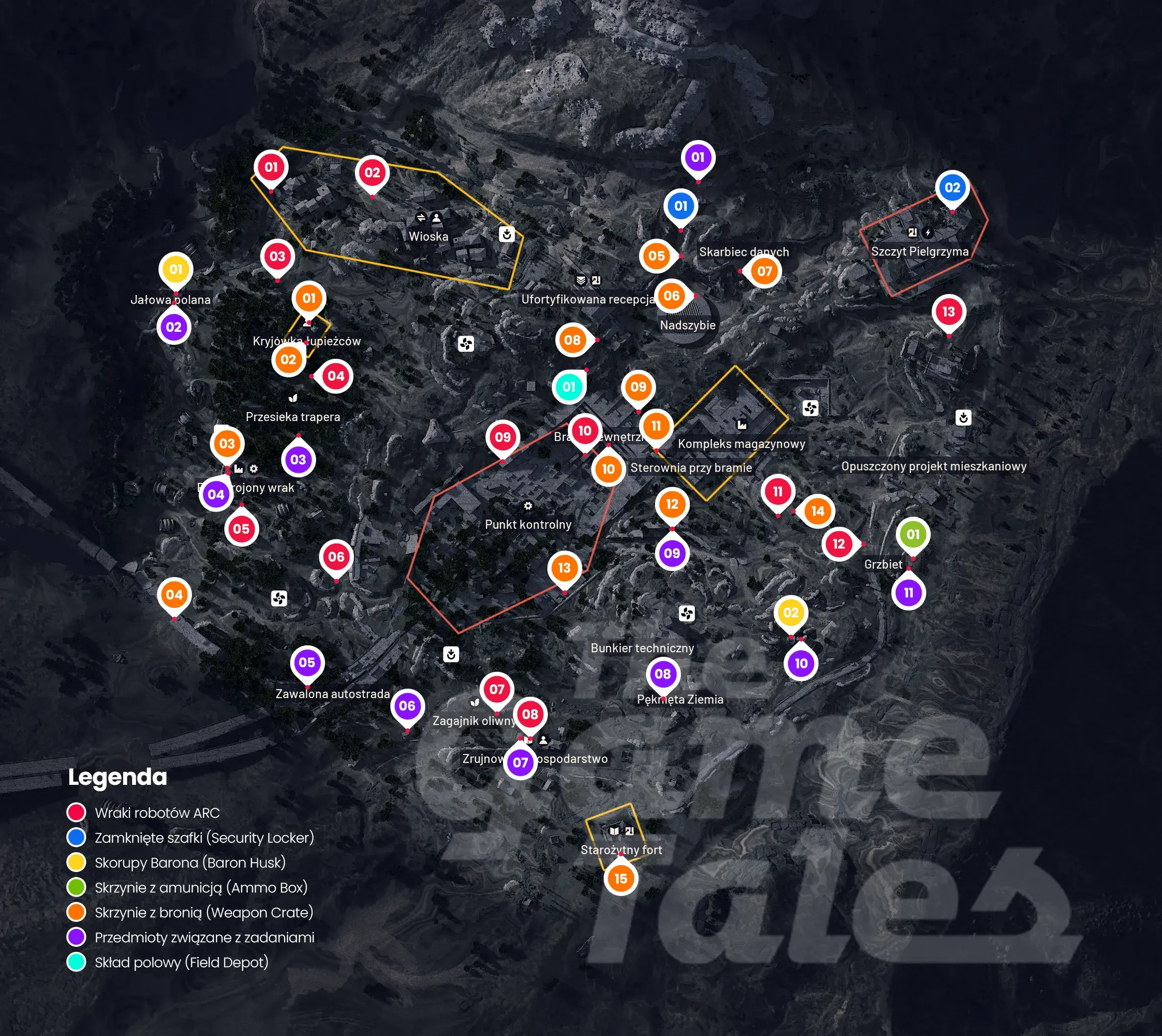 Mapa Błękitna Brama (Blue Gate) w ARC Raiders - lokalizacja skrzyń z bronią, amunicją, przedmiotami, przedmiotów związanych z misjami i wiele więcej.
