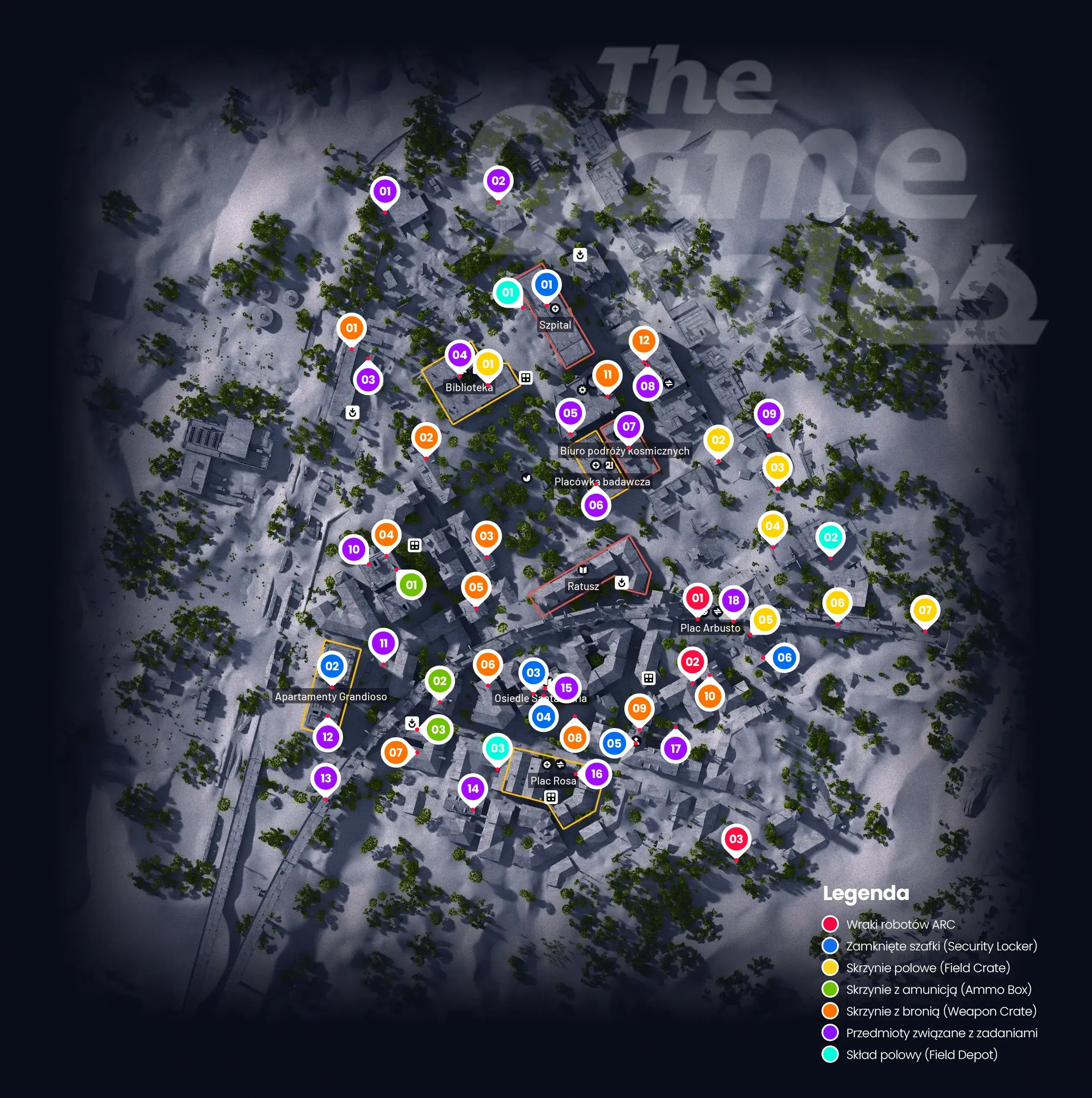 Mapa Pogrzebane Miasto (Buried City) w ARC Raiders - lokalizacja skrzyń z bronią, amunicją, przedmiotami, przedmiotów związanych z misjami i wiele więcej.