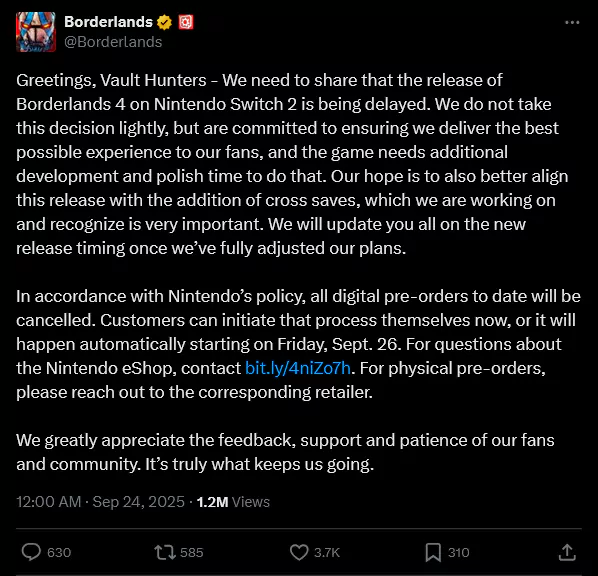 Borderlands 4 opóźnione na Nintendo Switch 2