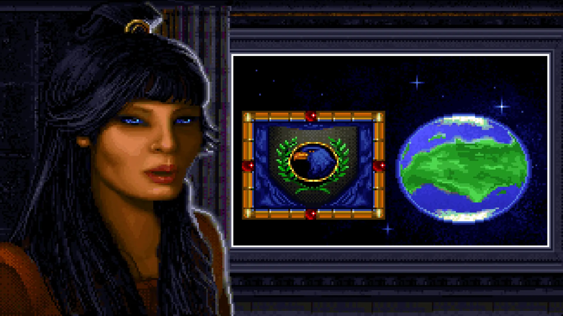 Dune 2. Wybór frakcji jaką będziemy grać. Doradca opisuje Ród Atrydów, pokazuje herb z orłem oraz planetę Kaladan pełną wód i zielonych przestrzeni.