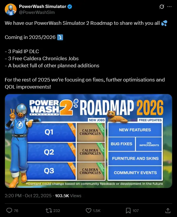 PowerWash Simulator 2 - plan rozwoju na 2026 rok i nowe DLC - Twitter - X