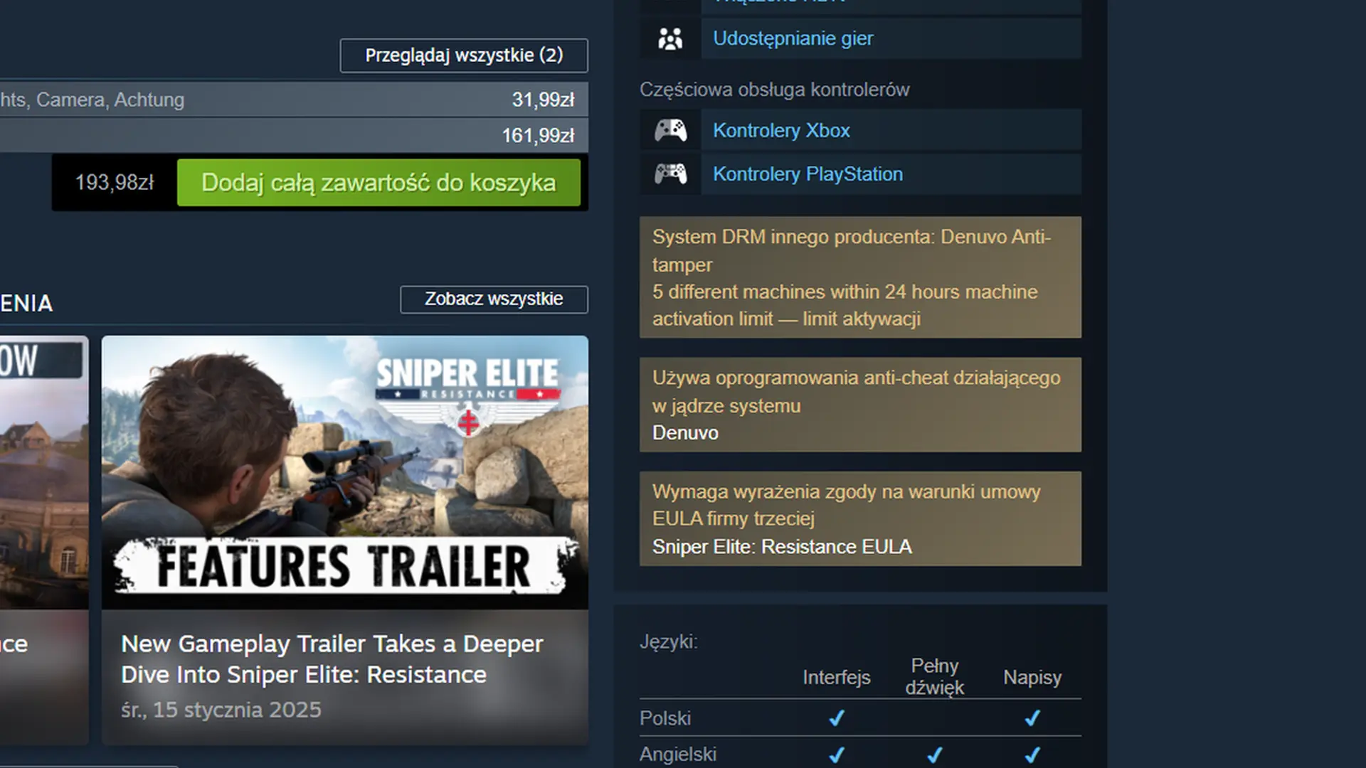 Czy da się wyłączyć Denuvo w Sniper Elite: Resistance?