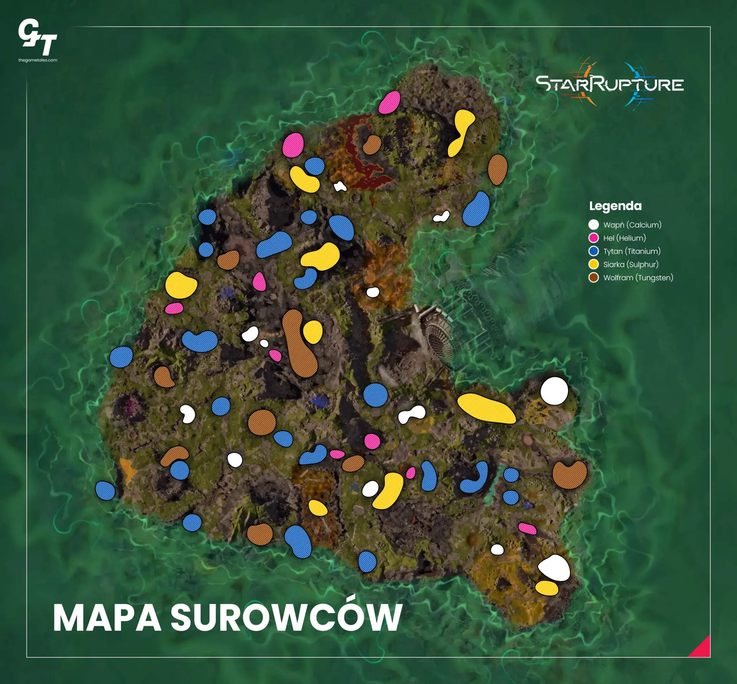 StarRupture – mapa surowców: tytan, wolfram, wapń, hel, siarka